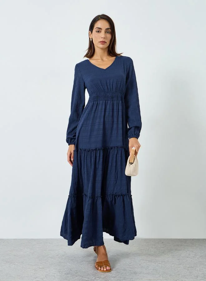 Take Two Women Navy Blue Textured Pleated Detail Maxi Dress